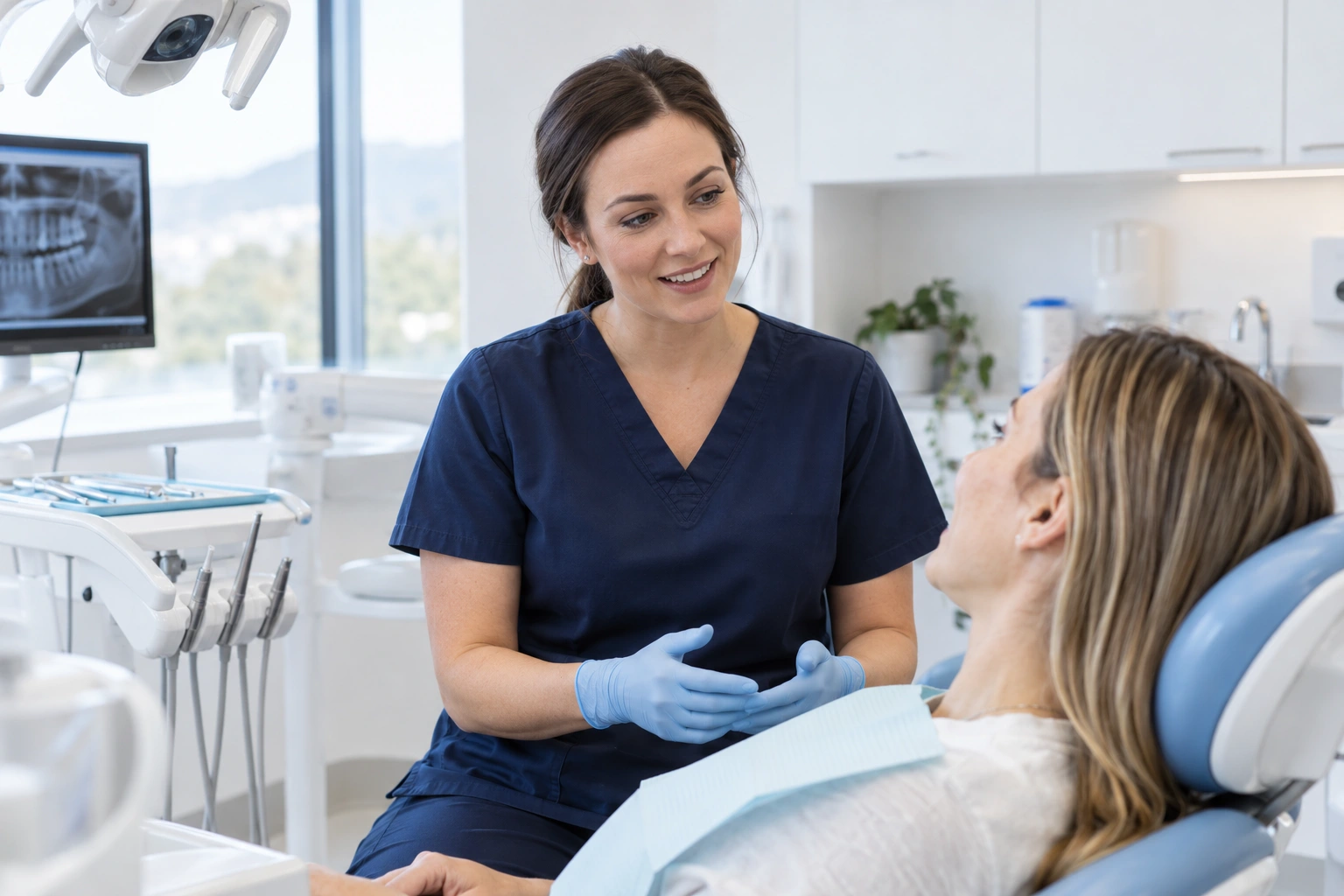 Illustrative dentist speaking with a patient in a dental chair